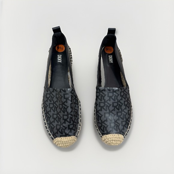 DKNY Mali Espadrille Loafers Black Gray Logo Slip On Shoes Women's Size 9.5 New - Picture 1 of 8